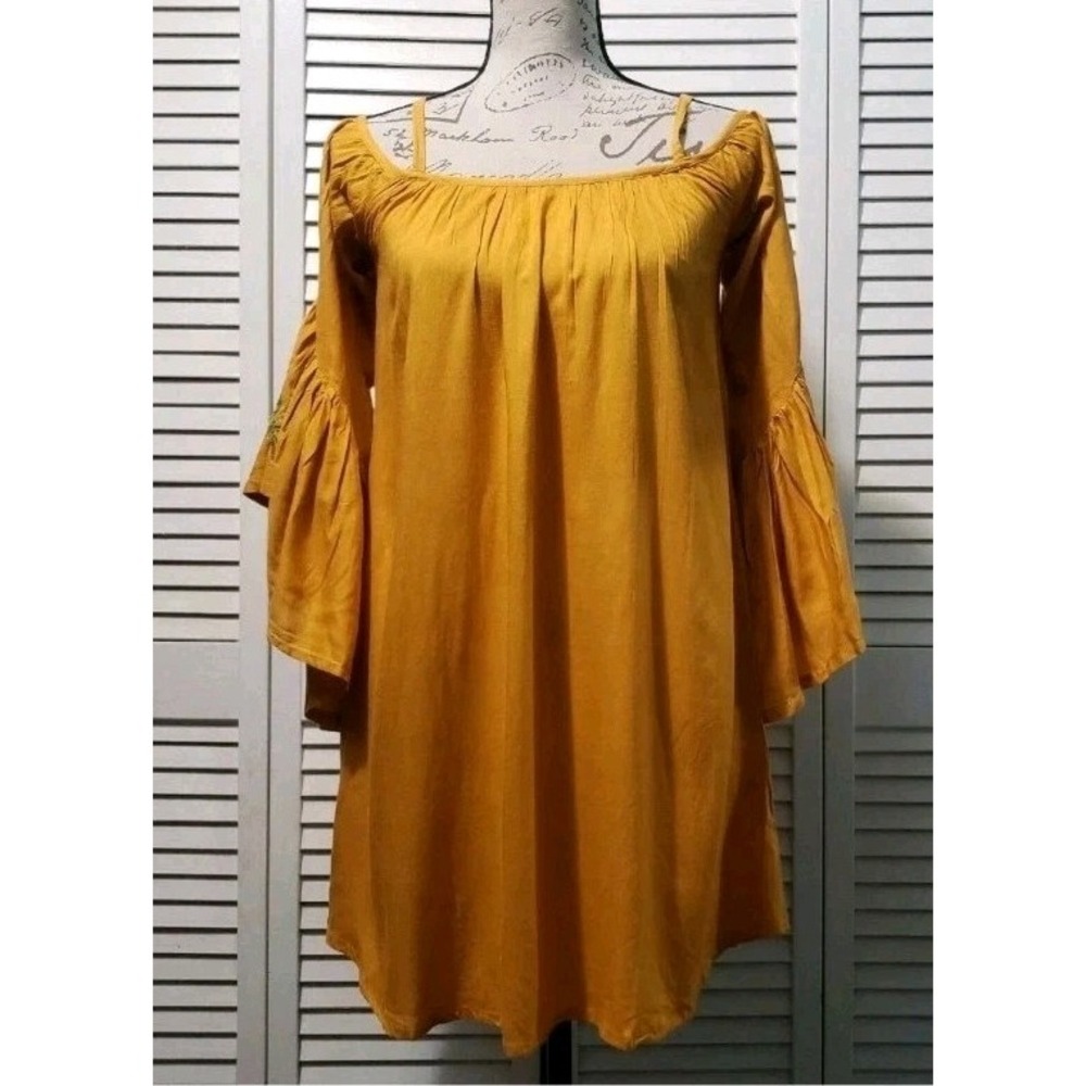 Feathers Emboroidered Off Shoulder Mini Dress Women's Small Golden Bell Sleeve‎